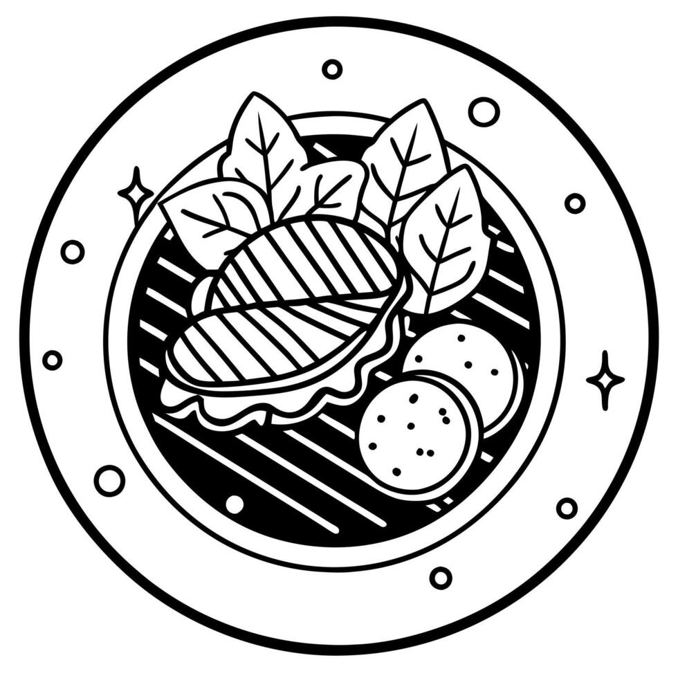 american barbecue cuisine with grilled pork steaks, gravy, spices, and greens on a wooden dish vector