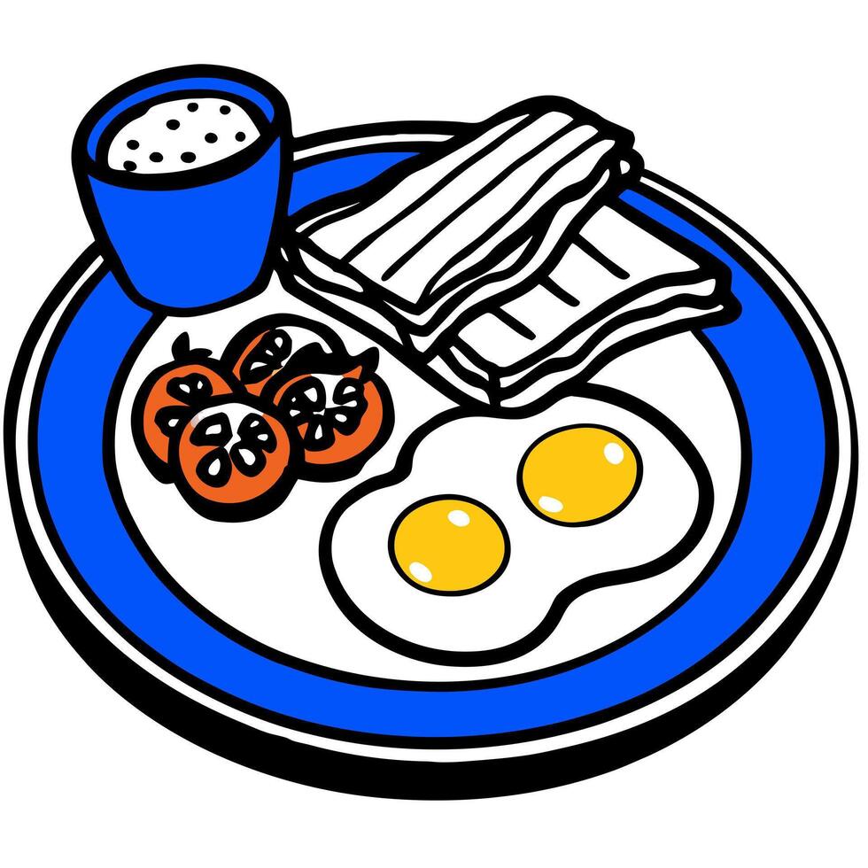 a blue plate is adorned with a satisfying combination of eggs, bacon, tomatoes, and toast, creating vector