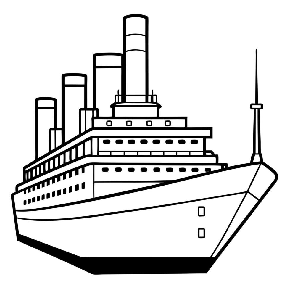 black and white line drawing of a large cargo ship the ship features a prominent superstructure vector