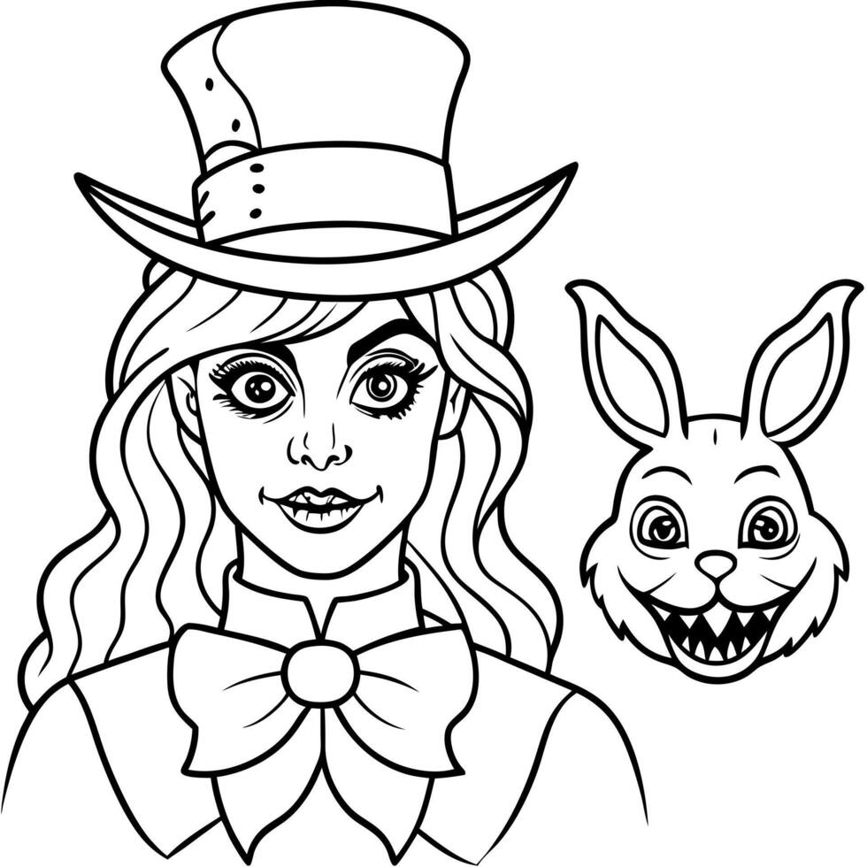 alice in wonderland, horror style for halloween, hatter and bunny are demons, illustration vector