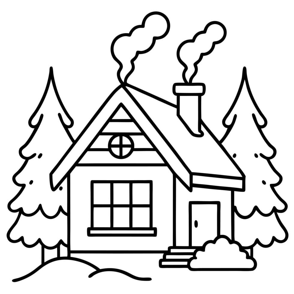 a scene of a cozy christmas cabin with smoke rising from the chimney, illustration line art vector