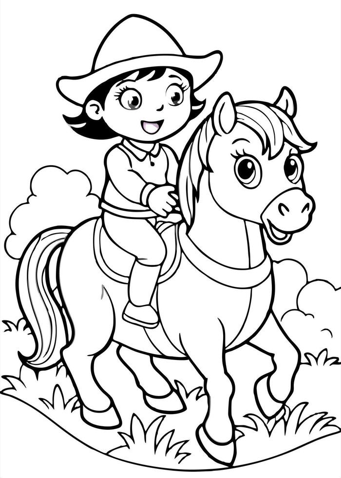 dora the explorer riding horse at the fields, illustration line art vector