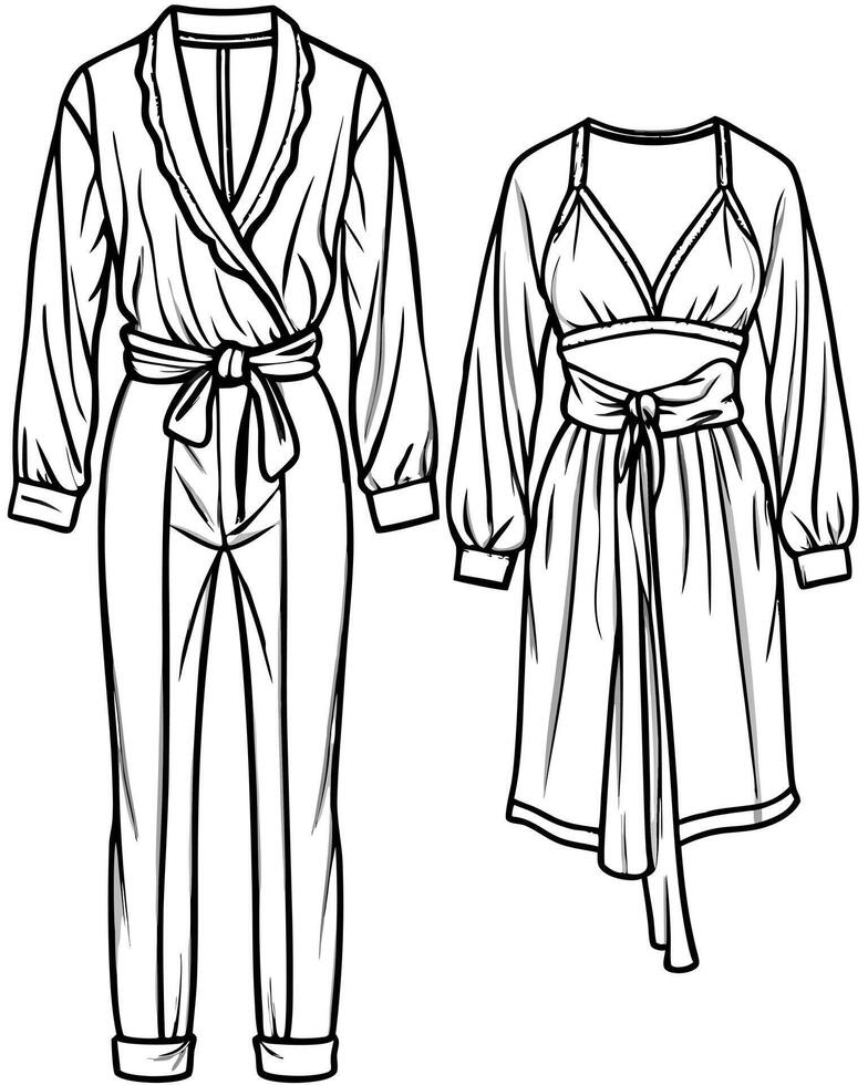 design a luxury loungewear set with silk and satin fabrics, illustration line art vector
