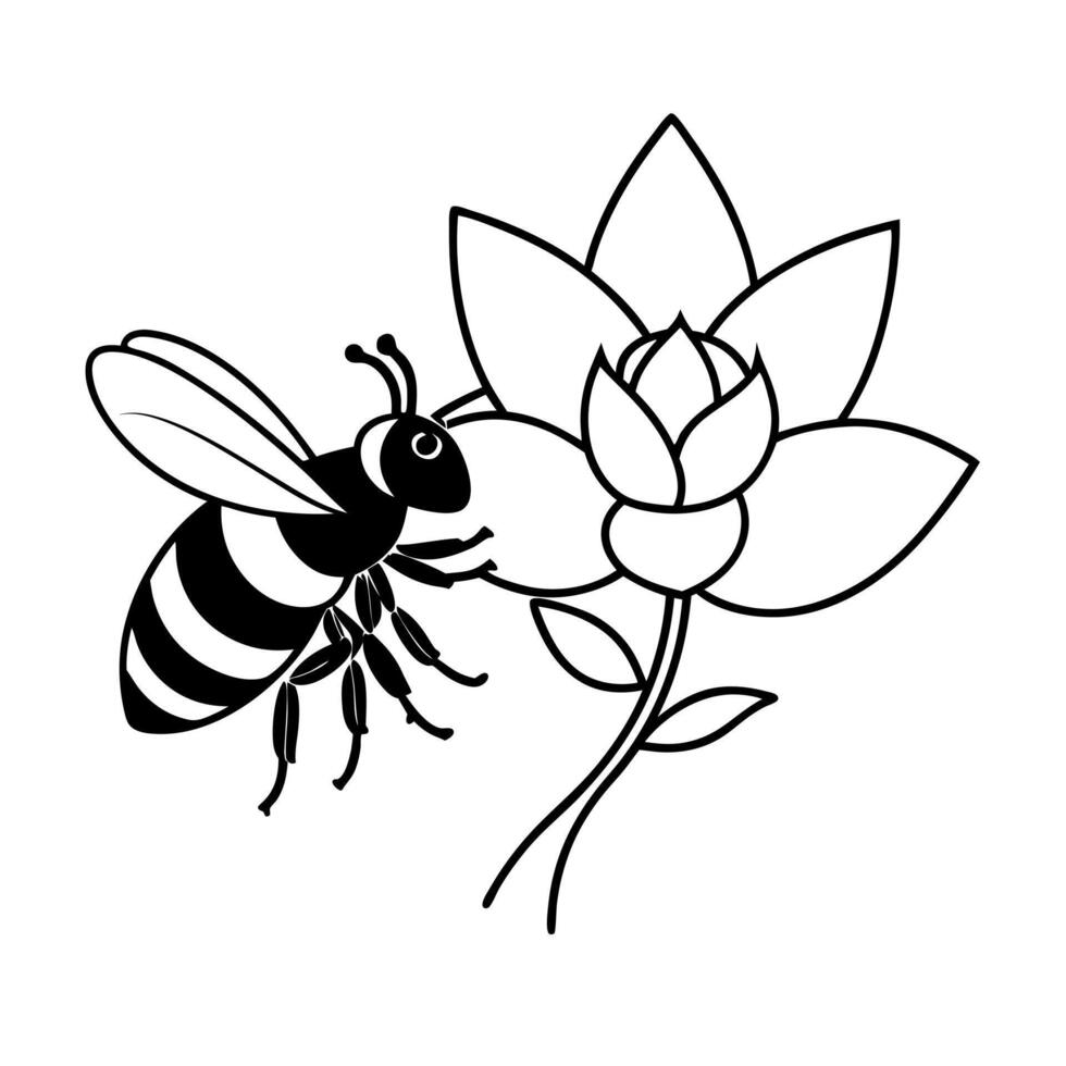 a bee is extracting honey from a gardenia flower, illustration line art vector
