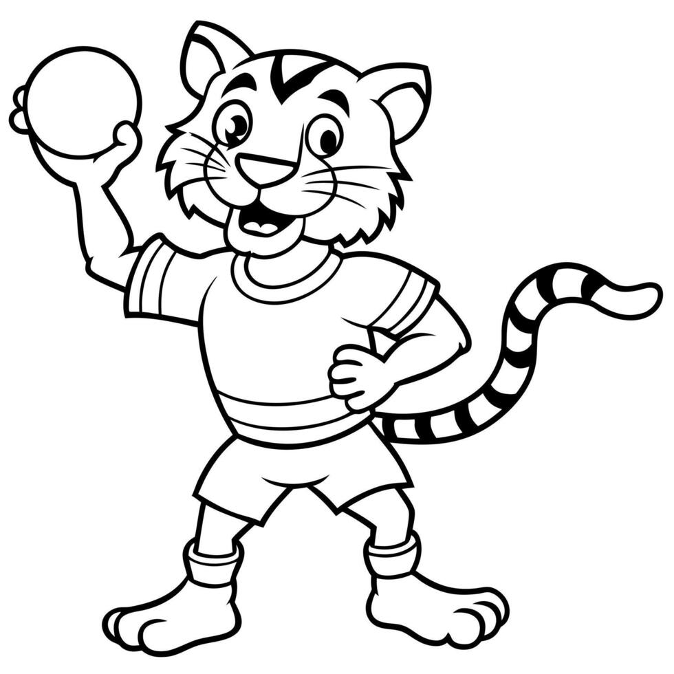 a cartoon tiger wearing sportswear throwing an american football, illustration line art vector