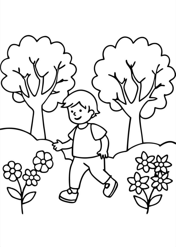 a child who is playing in a park with shady trees around it and flowers that are blooming, vector