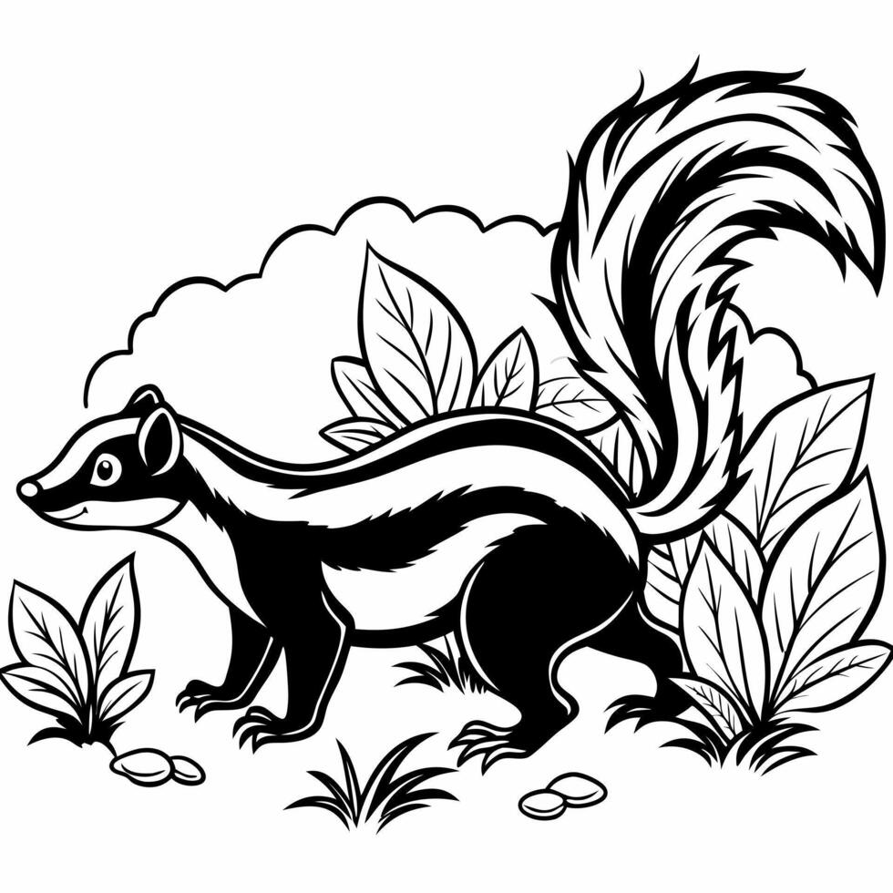 coloring book image of striped skunk walking on ground in bushes, illustration line art vector