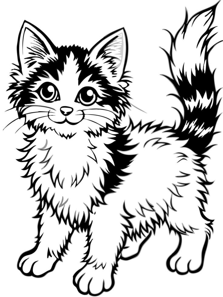 a playful black white kitten with fluffy fur, illustration line art vector