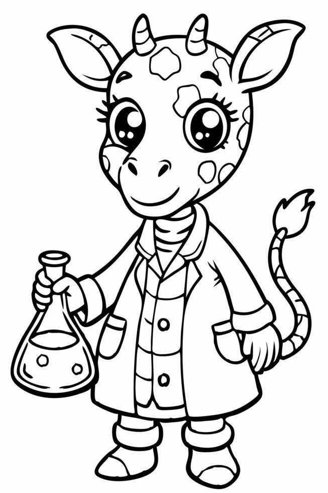 anime style, more details, well-drawn, cute a giraffe in a lab coat, conducting an experiment, vector