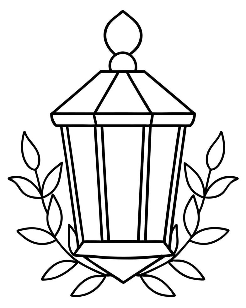 a soft, glowing lantern surrounded by leaves, coloring book, illustration line art vector
