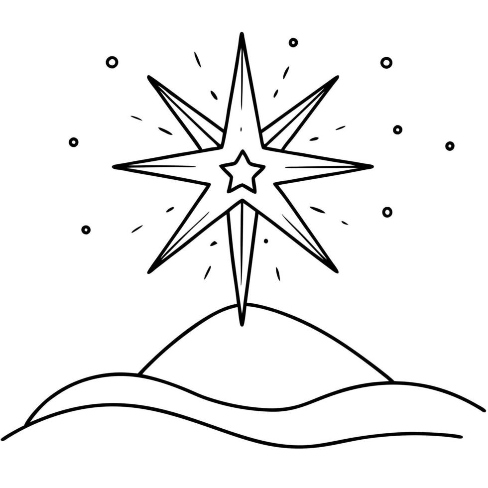 a christmas star shining brightly above a snow-covered hill, illustration line art vector