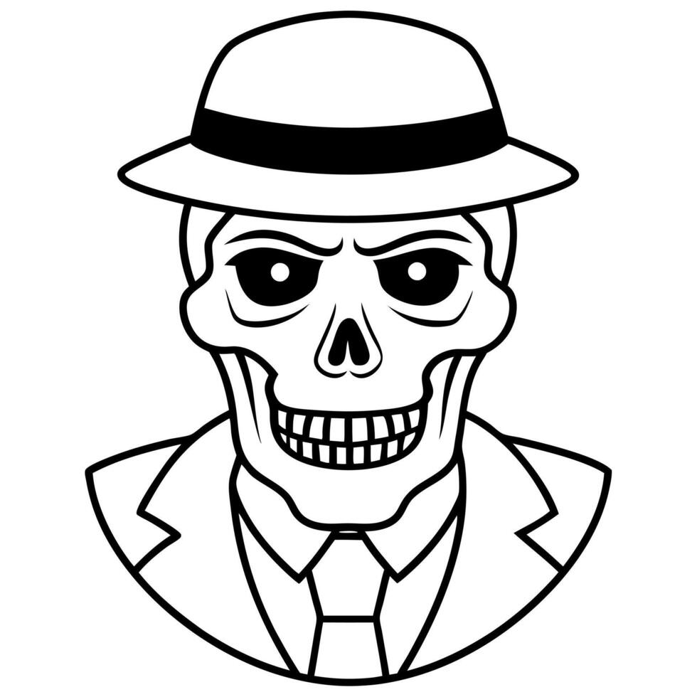 vintage monochrome gangster skull without jaw, illustration line art vector
