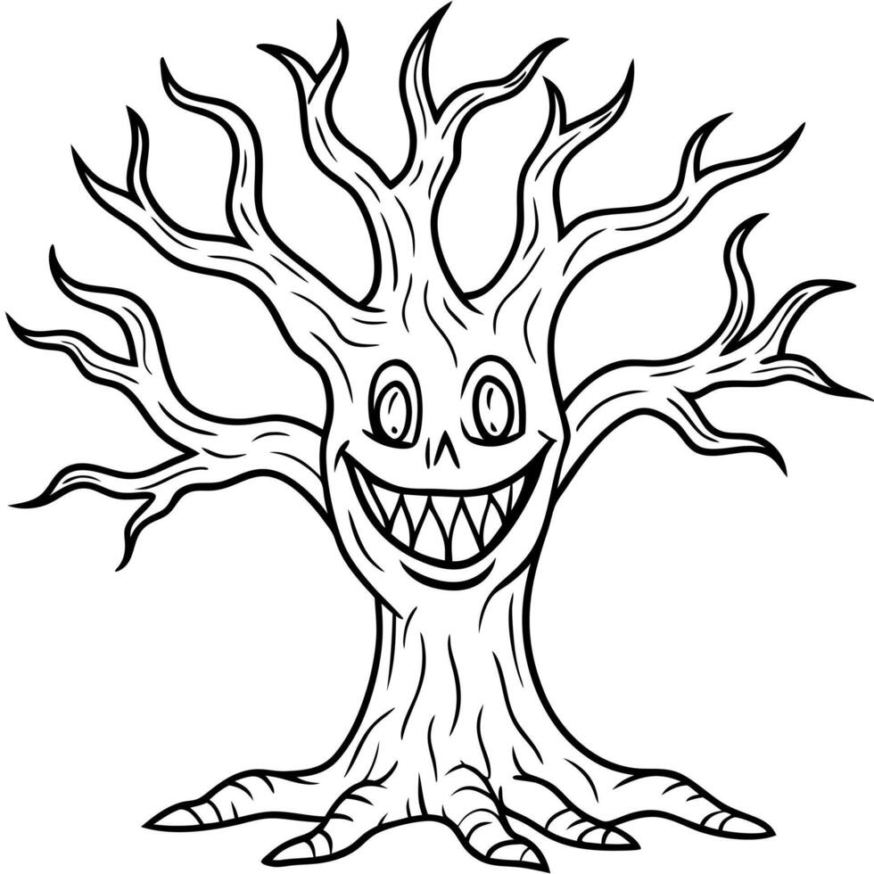 a spooky tree with smiling, glowing faces, illustration line art vector