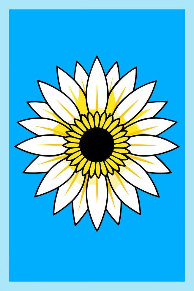 a bold, vector-style sunflower illustration with large, golden-yellow petals radiating from a rich vector