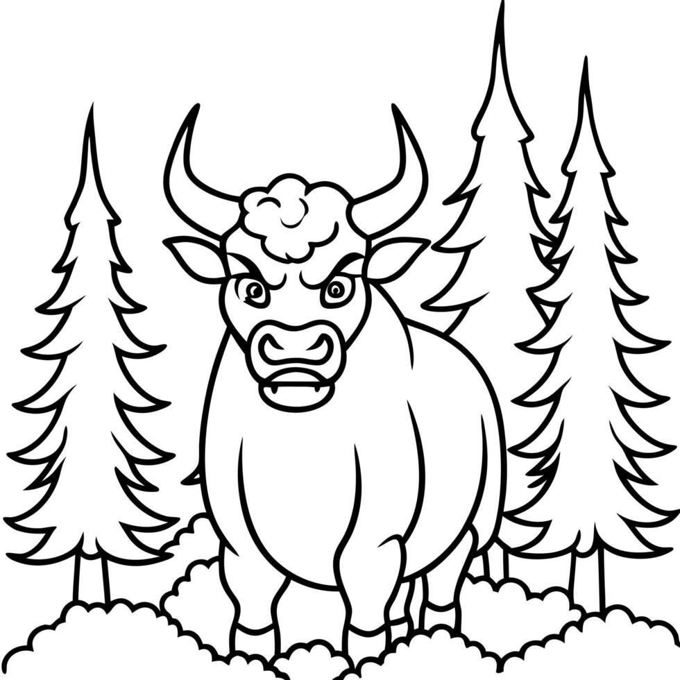 bull is angry in the forest, illustration line art vector