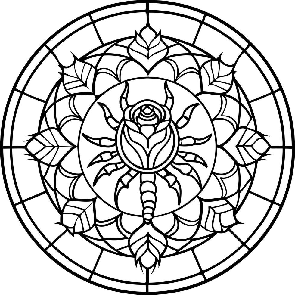 detalled stained glass rose window, scorpio, illustration line art vector