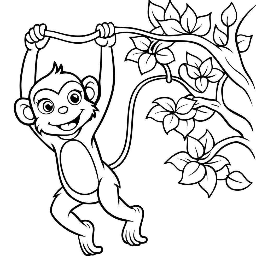 a playful monkey swinging from a vine, with a simple tree in the background, illustration vector