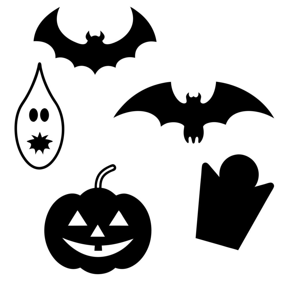 halloween elements silhouette solid white background, illustration line art vector