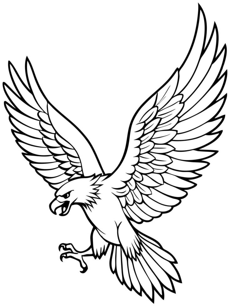 an eagle in flight, wings spread wide, with clear, simple lines to show feather details for vector