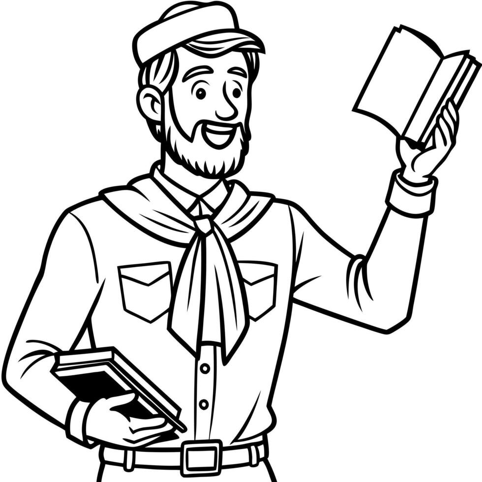 young adventist scout in uniform in a forward position, with one arm raised an open book and the vector