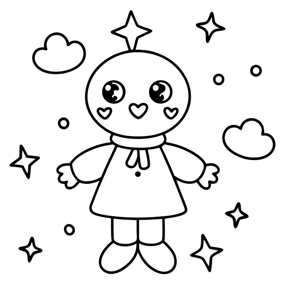 kawaii living scarecrow with extra big shiny eyes and hearts, stars and clouds around, vector