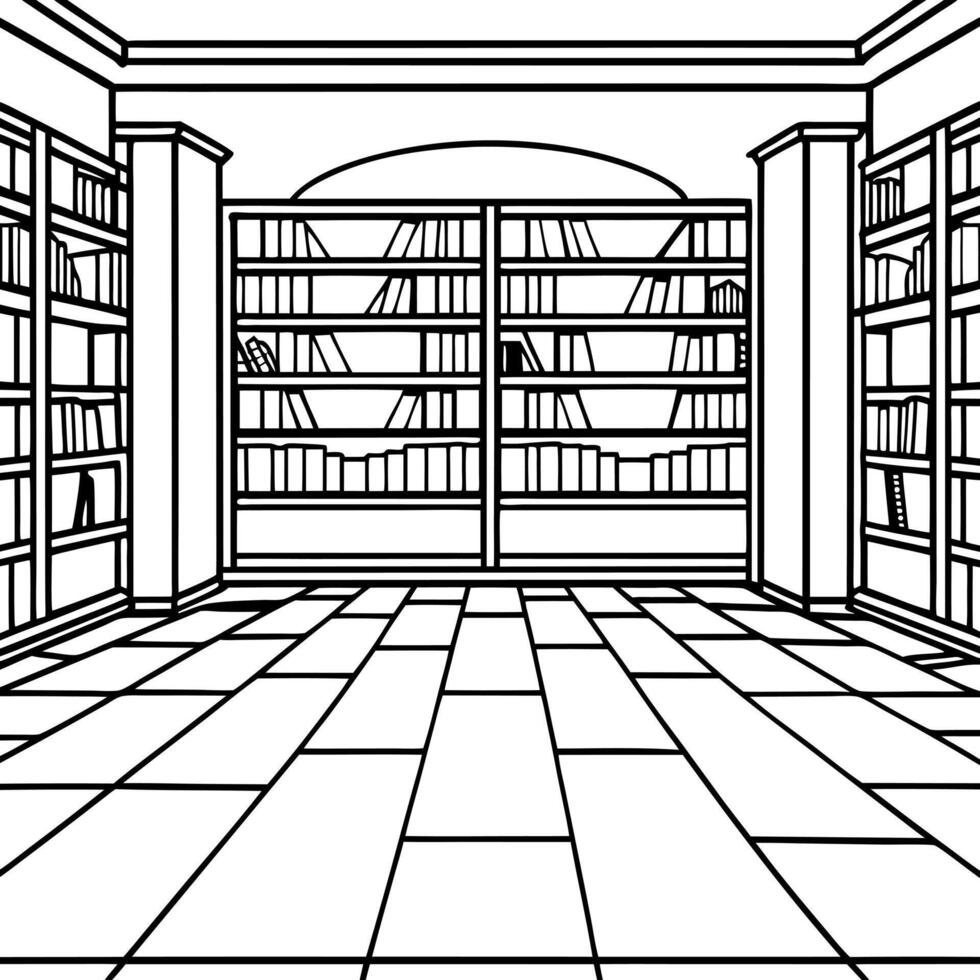 cartoon, an empty library room with shelving, with hardwood flooring, illustration line art vector