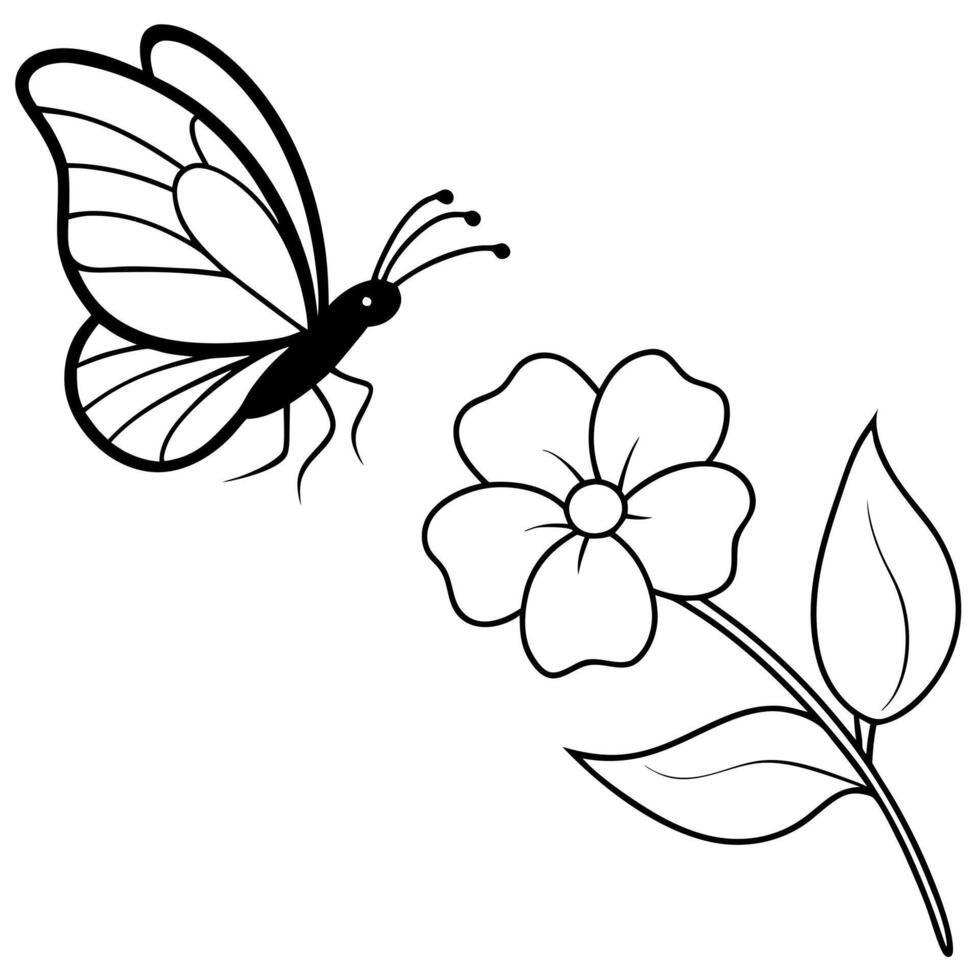 a butterfly is extracting nectar from a phlox flower, illustration line art vector