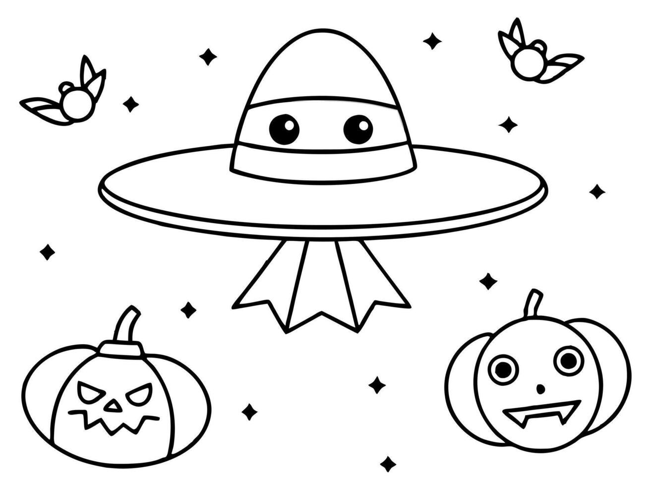 a halloween-themed outer space adventure with a witchs spaceship flying among stars, a bat vector
