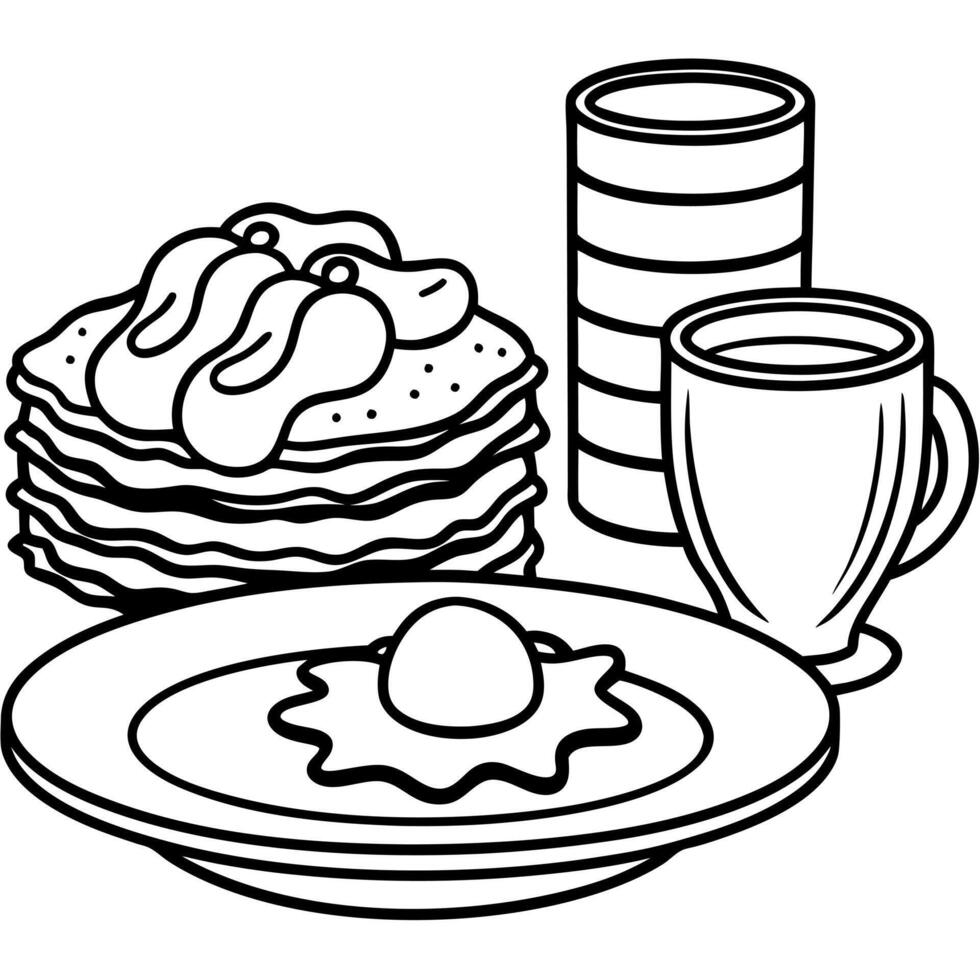 from above, a breakfast spread featuring pancakes, eggs, and bacon, against a solid background, vector