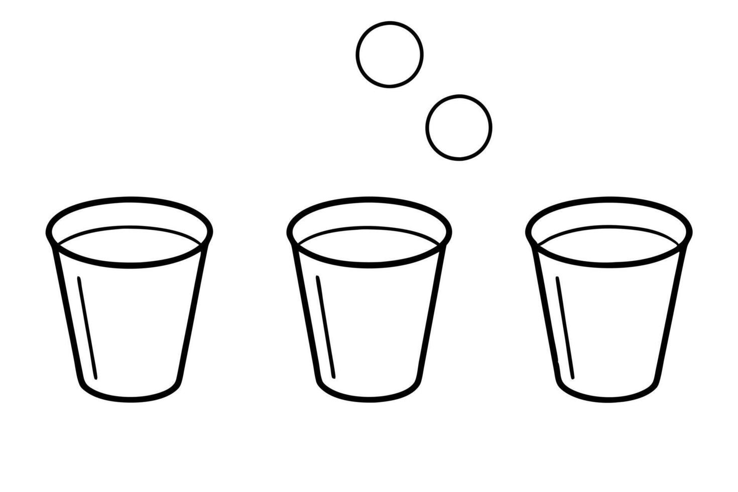 beer pong, ball flies into a glass, there are 3 glass, illustration line art vector