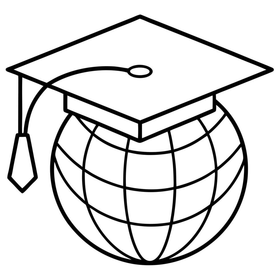 graduation hat with globe, illustration line art vector