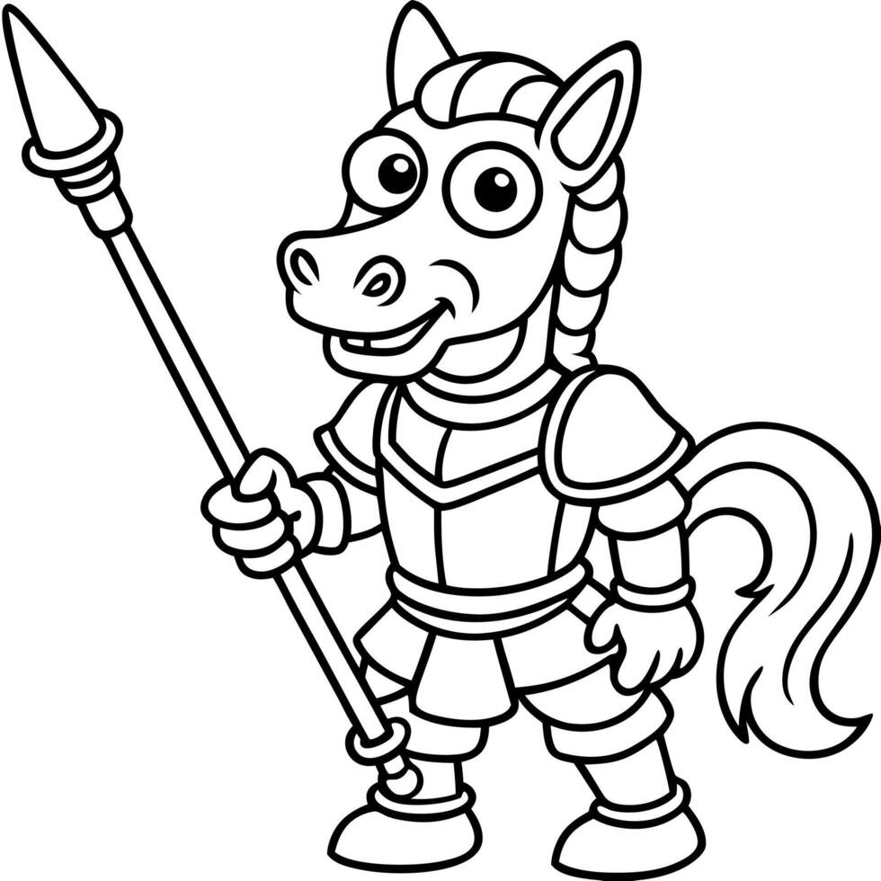 cartoon style, animalhuman, cute horse in a knights armor with a lance, illustration line vector