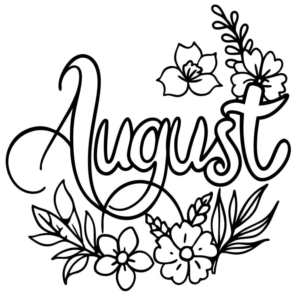 hand drawn floral august lettering, illustration line art vector