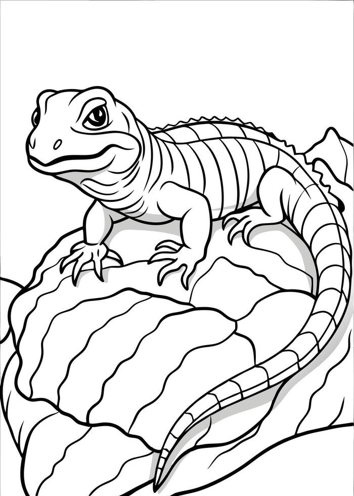 lizard lying on a tree, coloring page, white background, black line art, illustration line vector