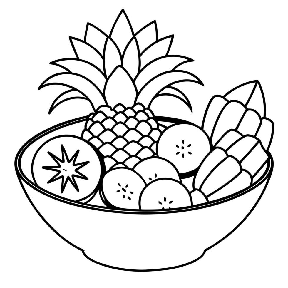 a bowl of colorful tropical fruit salad, featuring pineapple, mango, and kiwi, illustration vector