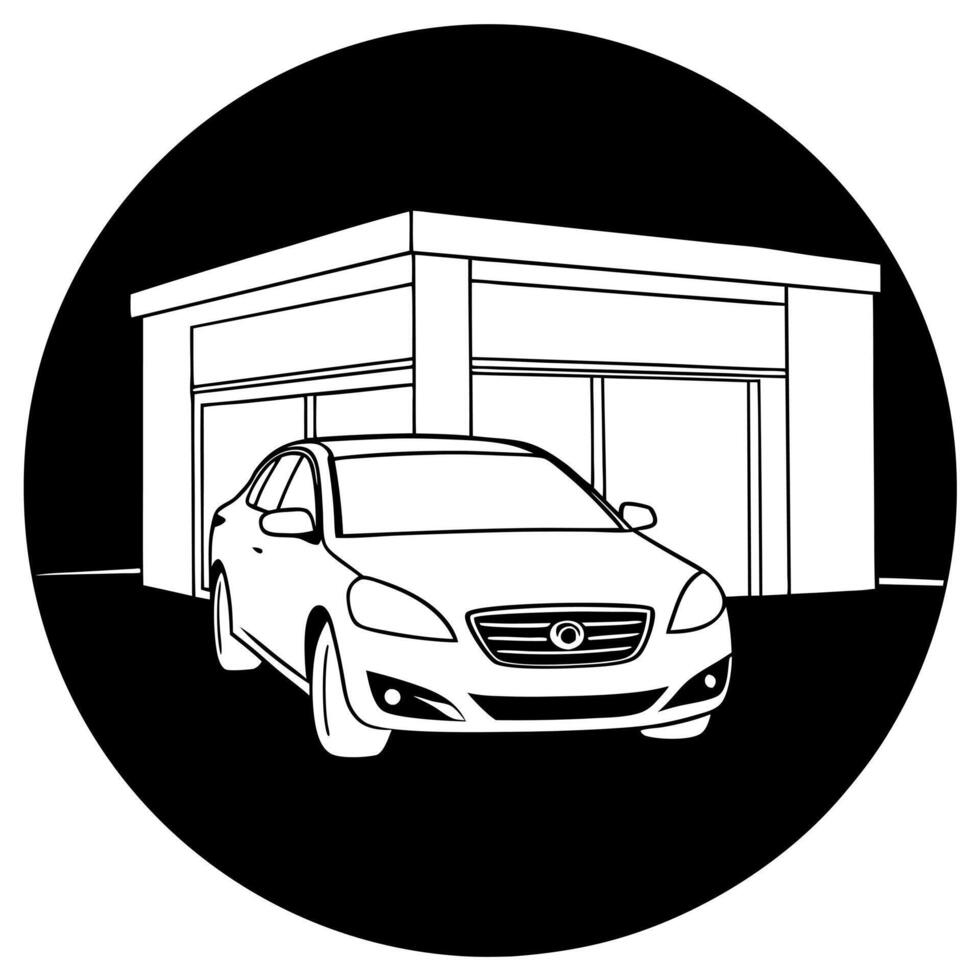 a car in a car dealership, illustration line art vector