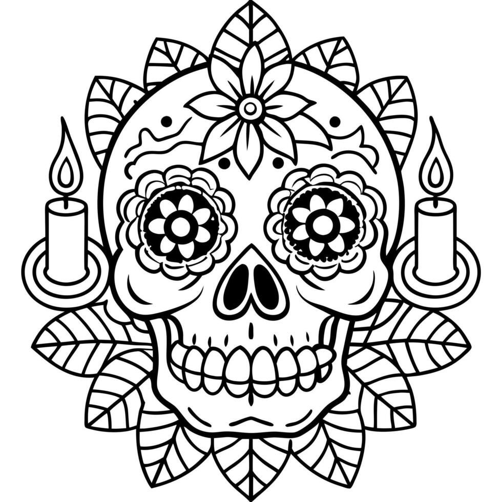 an intricately designed sugar skull with flowers and candles, illustration line art vector