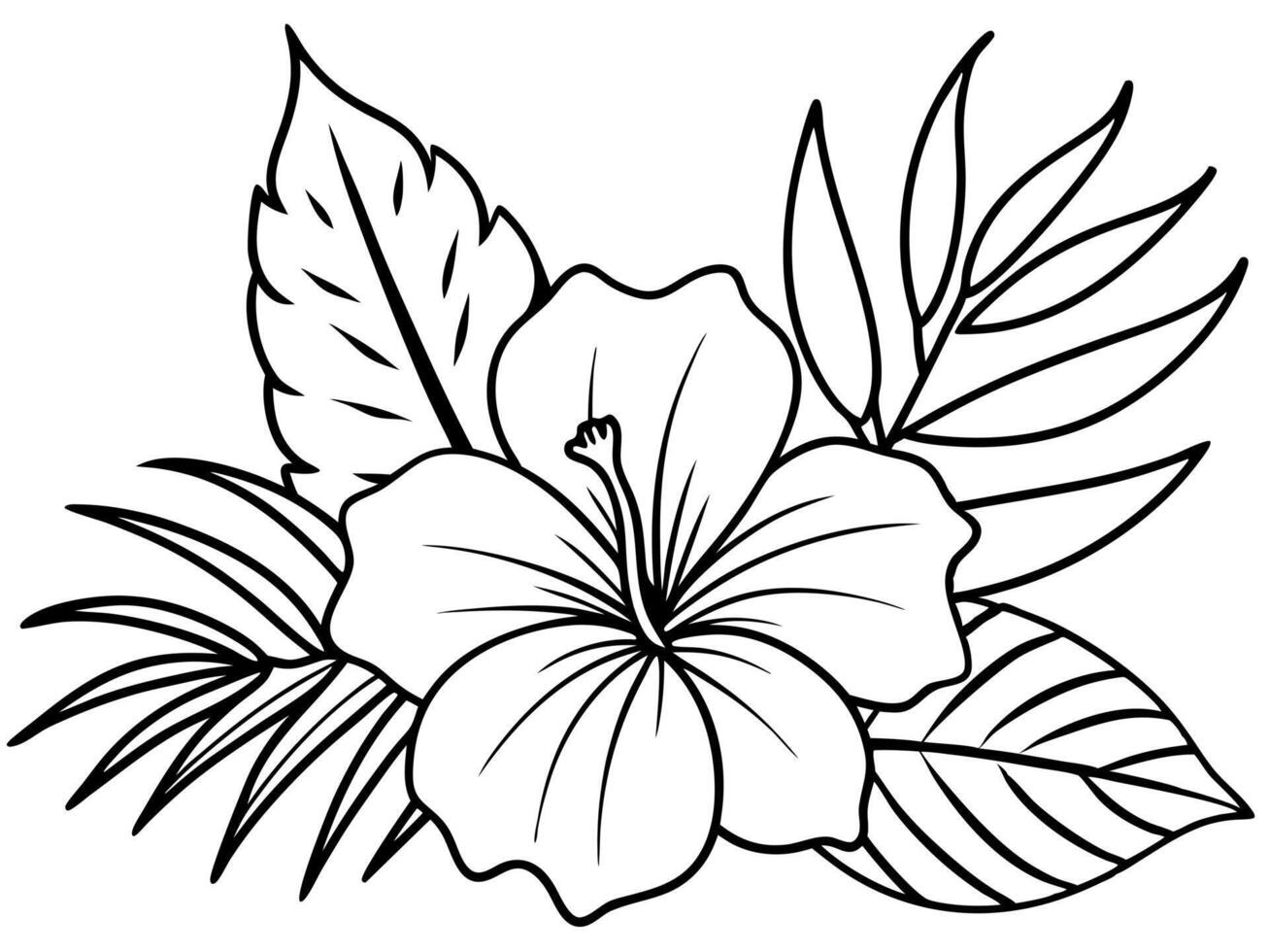 detailed tropical floral line art of hibiscus and exotic leaves for branding, illustration vector