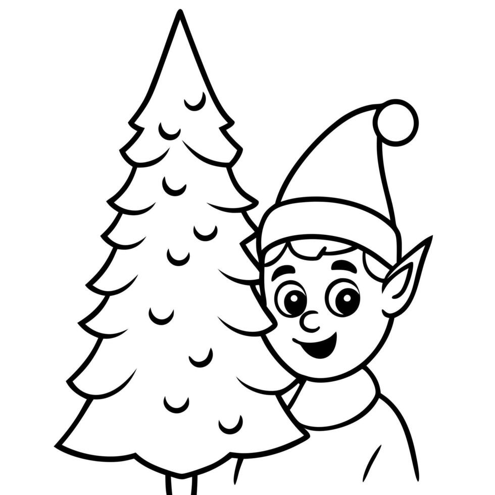 a christmas elf peeking out from behind a tree, illustration line art vector