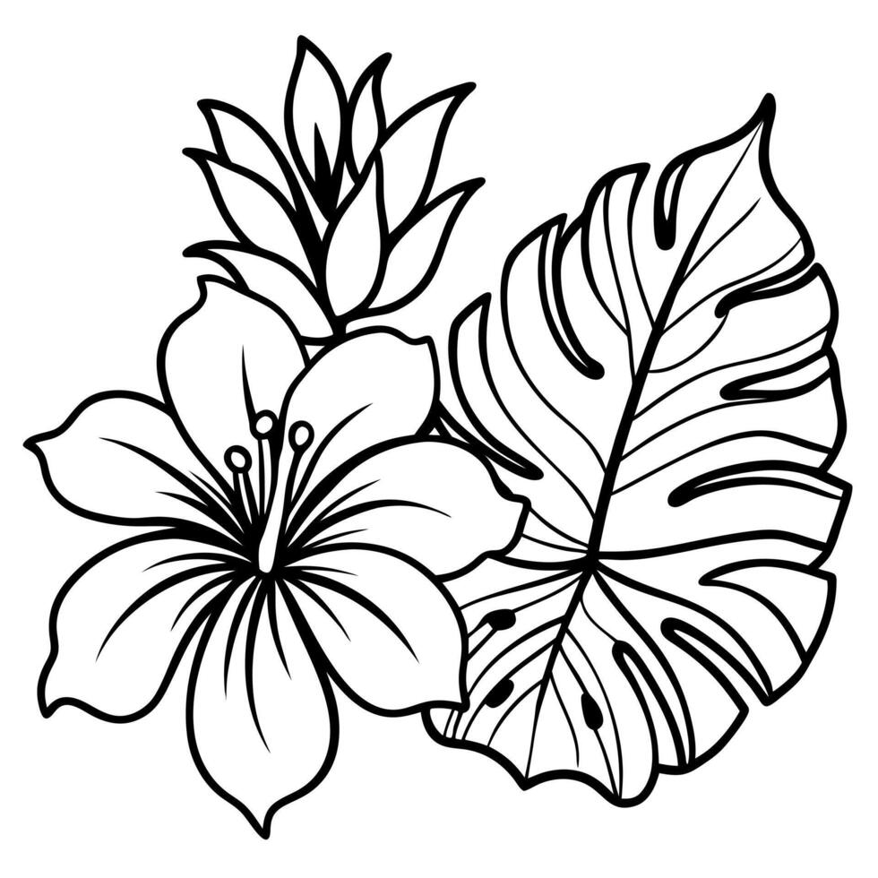 detailed tropical floral line art of hibiscus and exotic leaves for branding, illustration vector