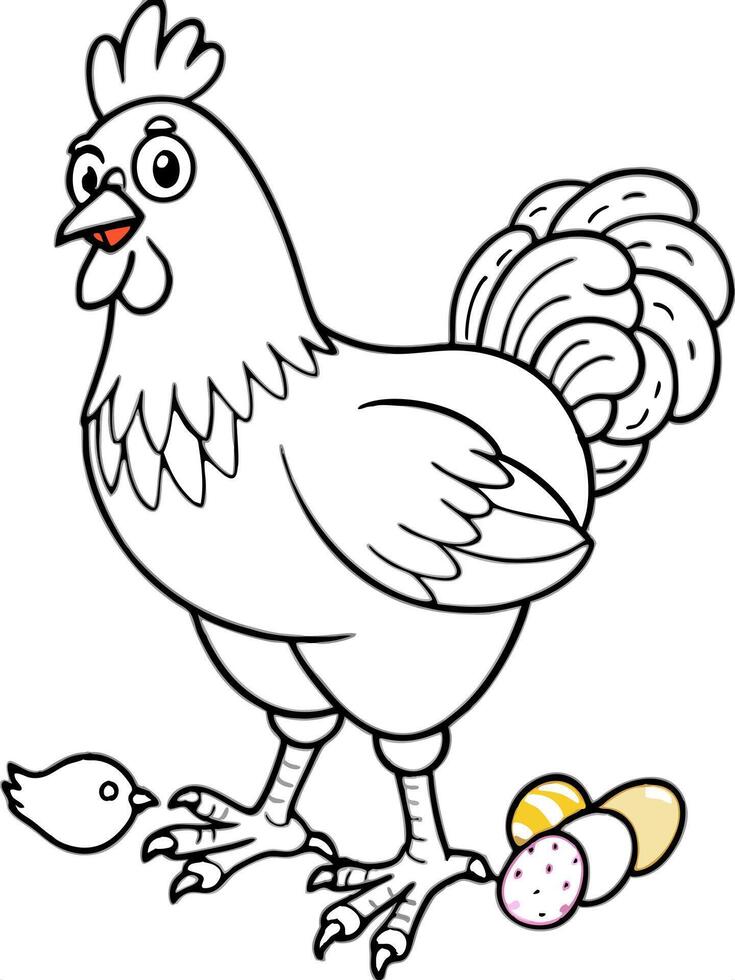 a cheerful chicken clucking happily while pecking at the ground, with colorful eggs nearby, vector