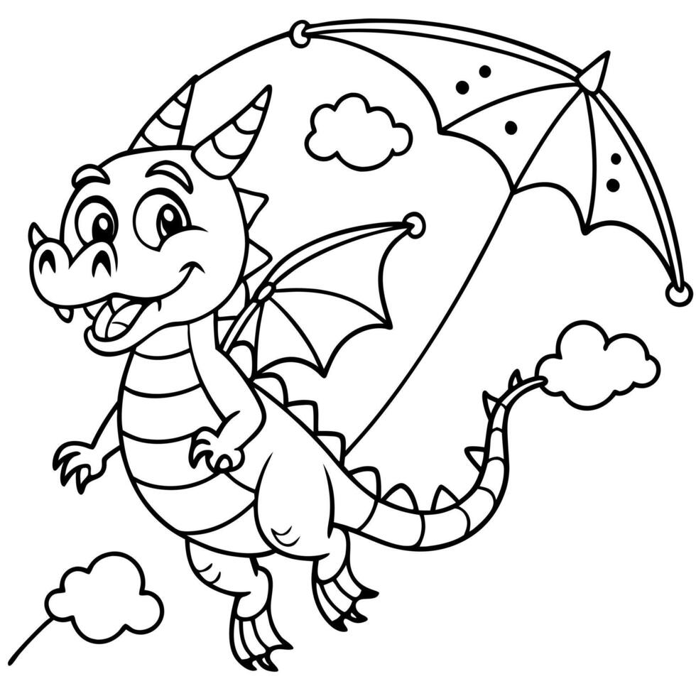 cartoon style cute dragon flying a kite in the sky, illustration line art vector