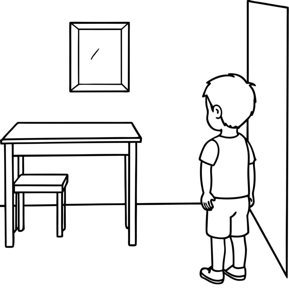a view of a poor childs room with a child looking at an empty desk, illustration line art vector
