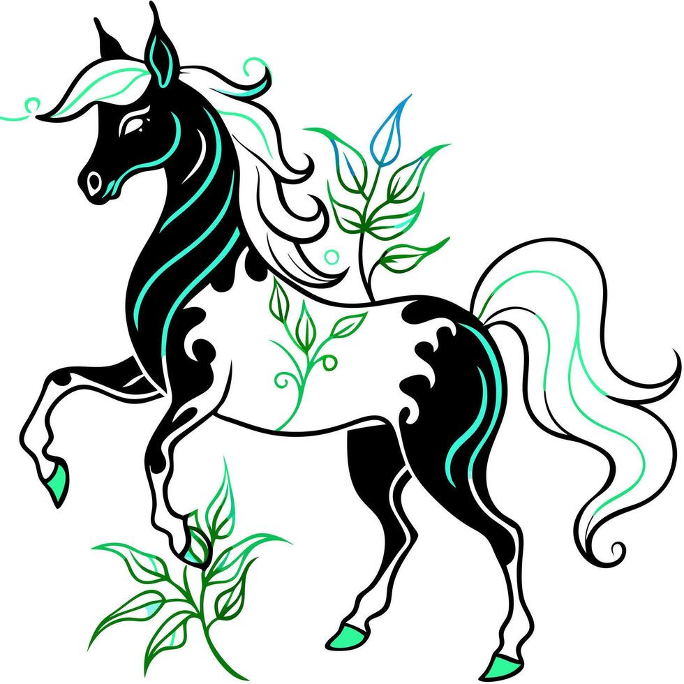 design a stylized horse illustration composed of intricate, flowing lines and organic shapes the vector