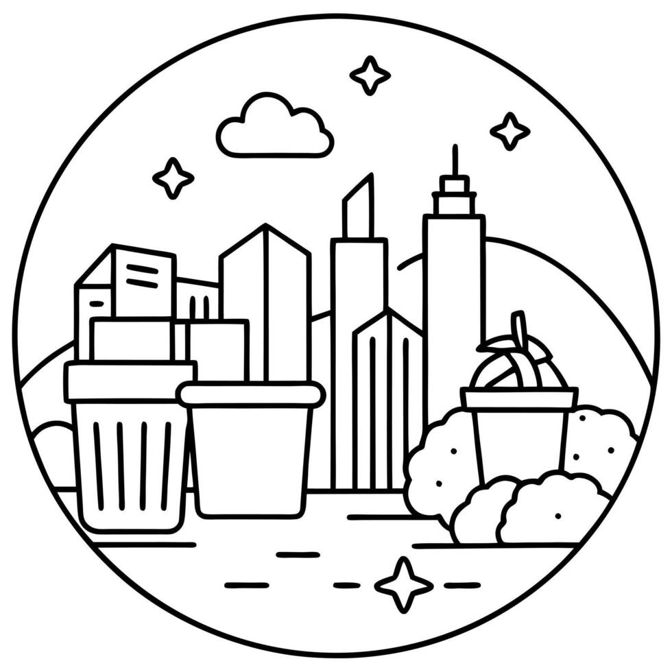 city full of garbage, illustration line art vector