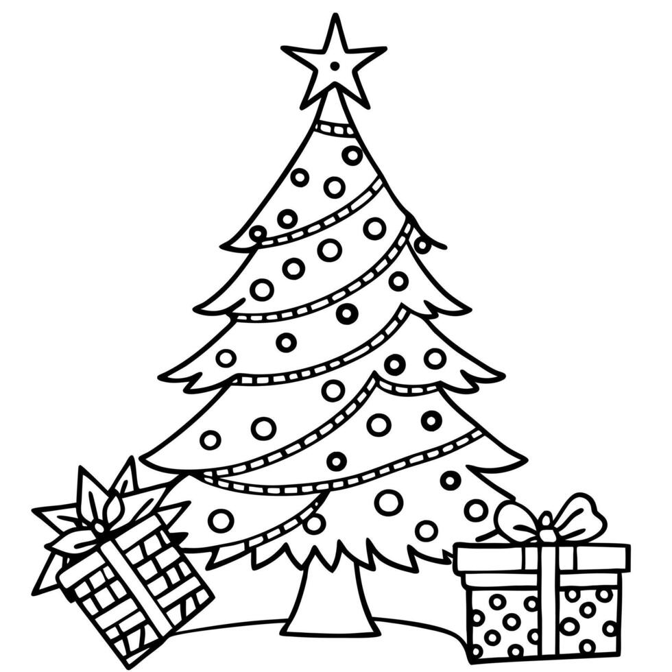 a christmas tree with a star on top and presents underneath, illustration line art vector