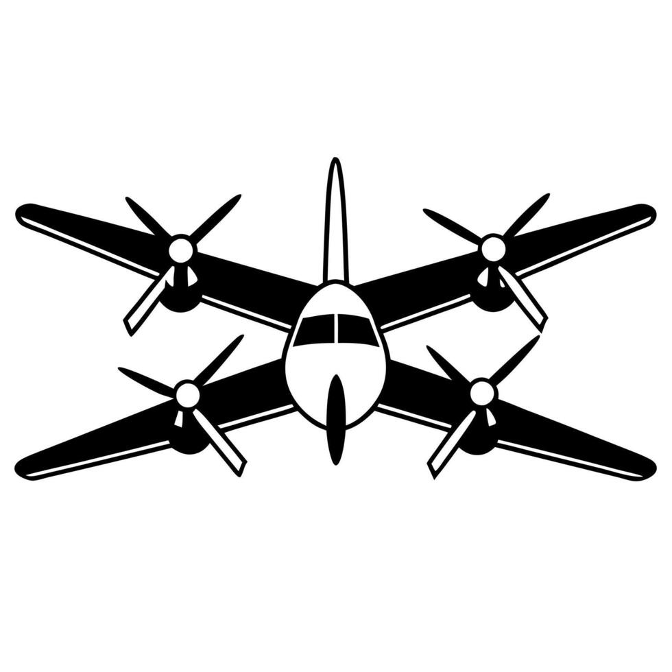 a silhouette of a twin-engine airplane with rotating propellers, on a white background, vector