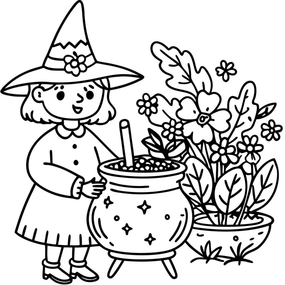 a tiny witch brewing a potion with flowers, illustration line art vector