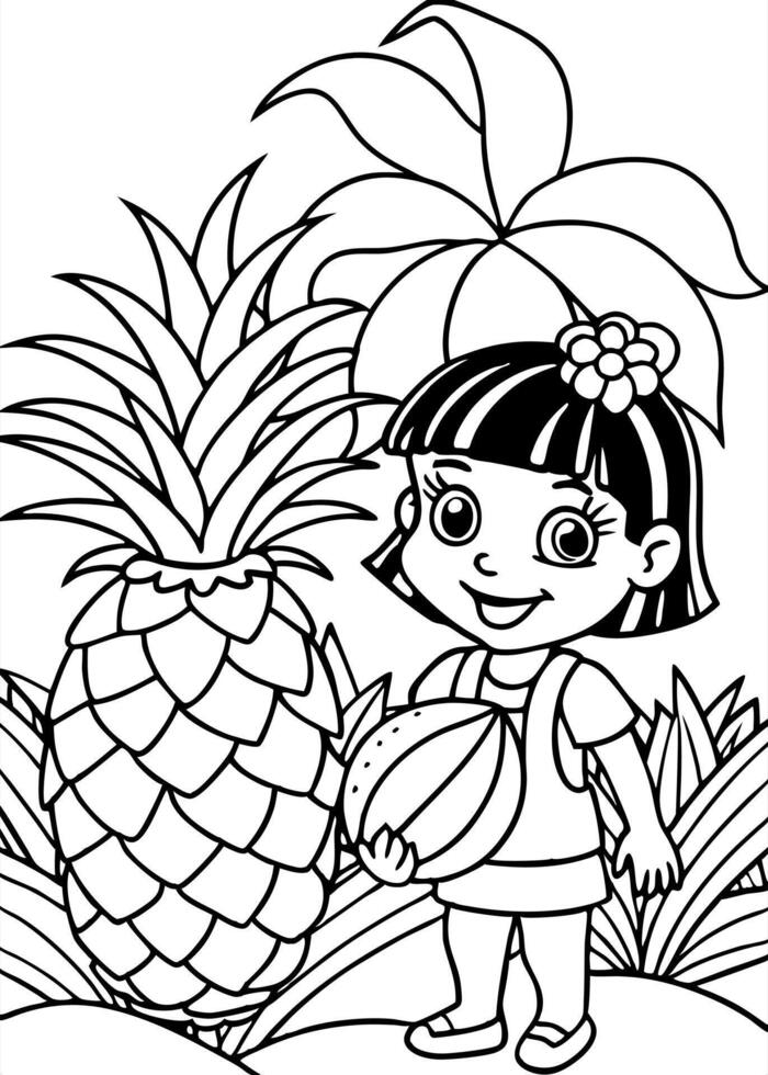 dora the explorer with giant pineapple in the jungle, illustration line art vector