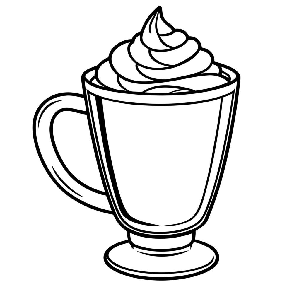 a glass cup of coffee with whipped cream and caramel sauce, illustration line art vector